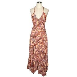 ALC A.L.C. Amina Halter Neck Orange Pink Paisley Pattern Handkerchief Hem Maxi‎